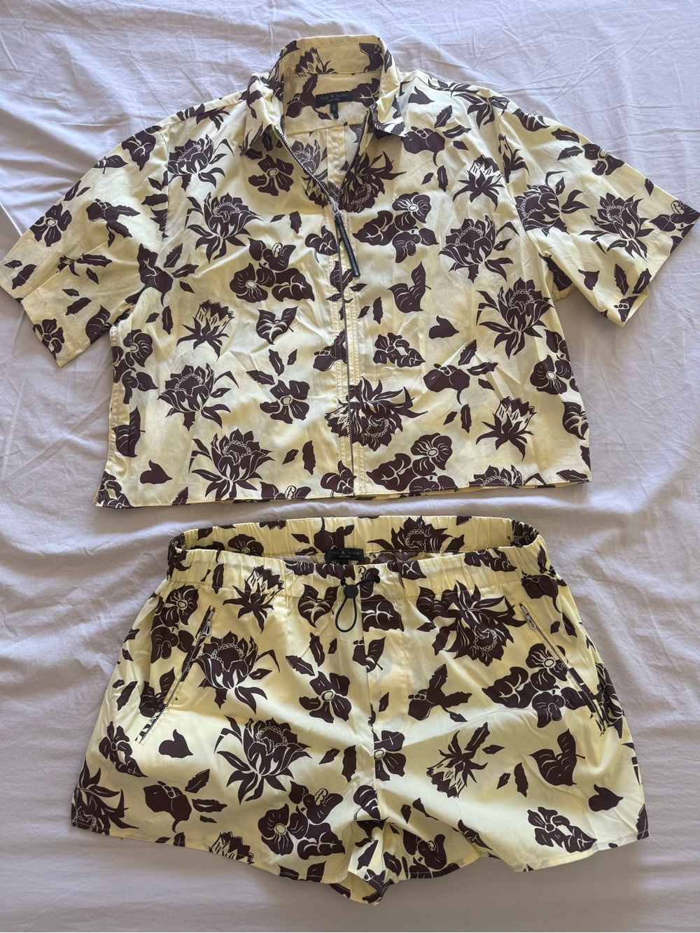 rag & bone Yellow and Dark Brown Floral Drawstring Shorts